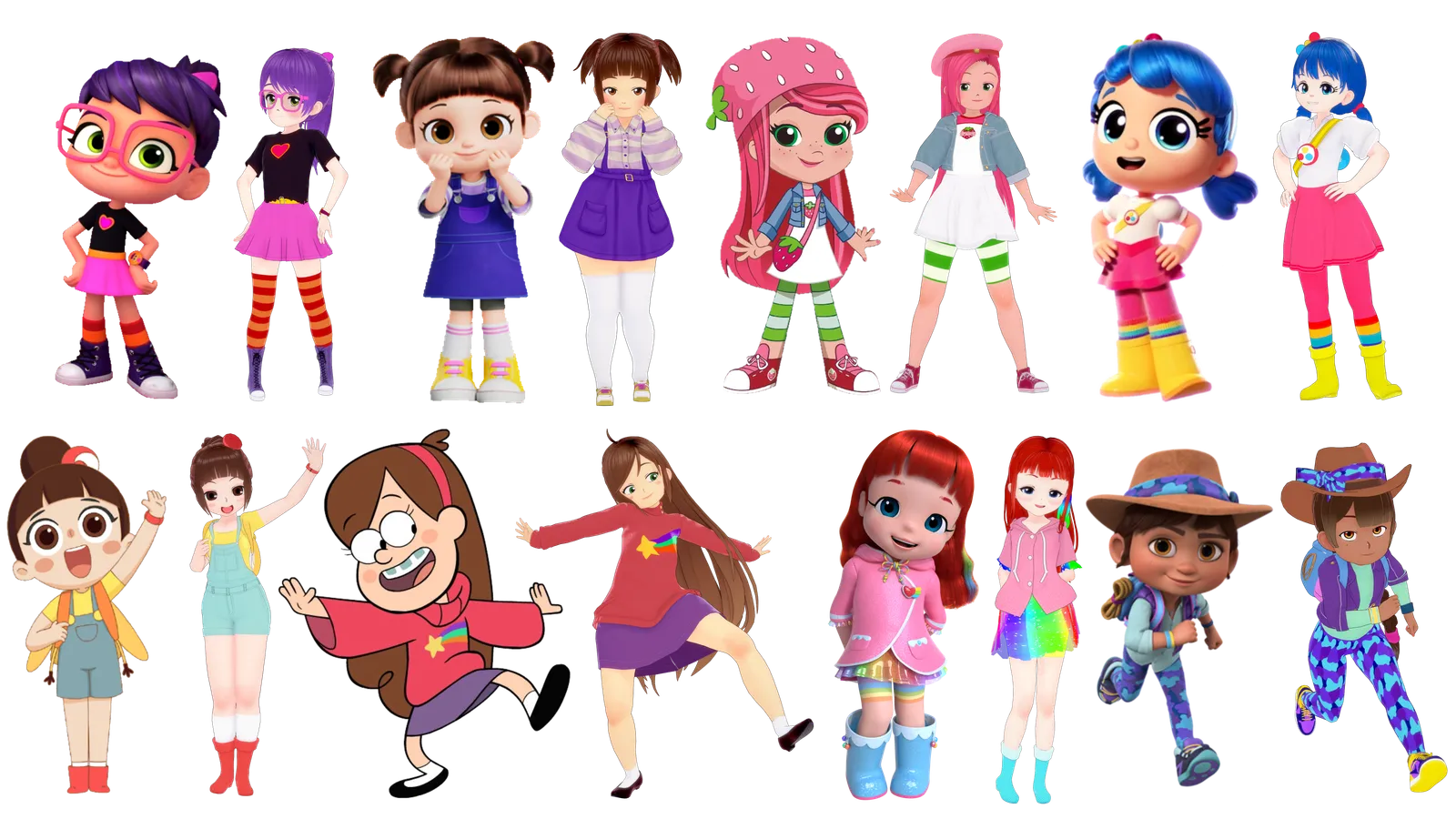 Character References next to my 3d modeled versions, in order left to right, top to bottom: Abby Hatcher, (New) Kongsuni, Strawberry Shortcake, True, Luo Bao Bei, Mable Pines, Rainbow Ruby, Ridley Jones