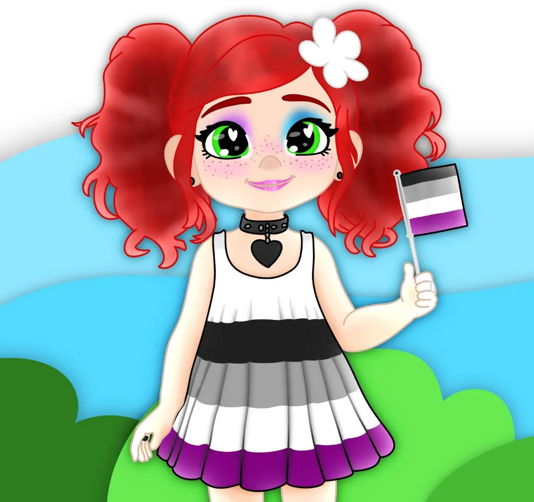 Daisy, a character of mine, holding an asexual flag, wearing a black ring on her middle finger and white ring on the other middle finger, signifying asexual and aromantic, respectively.