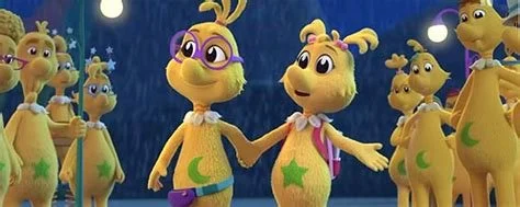 Pearl and Stella (from Dr Suess’ The Sneetches on Netflix) stand between the Sneetch groups holding hands, choosing their own direction instead of following either side.