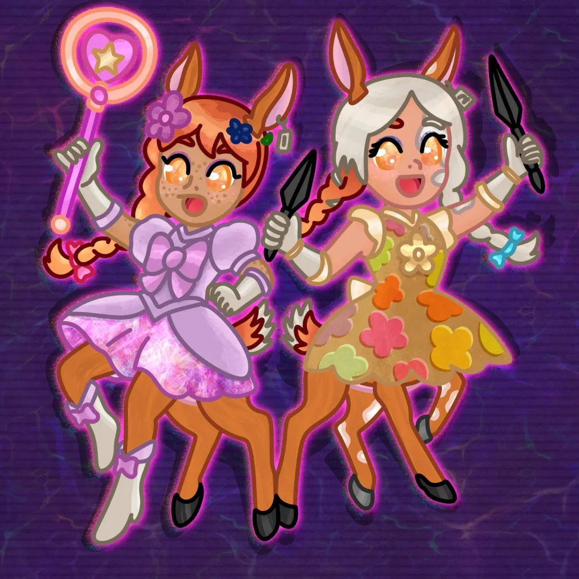 My deertaur daughters from the game. Athena and Beema are imagined as magical girls.