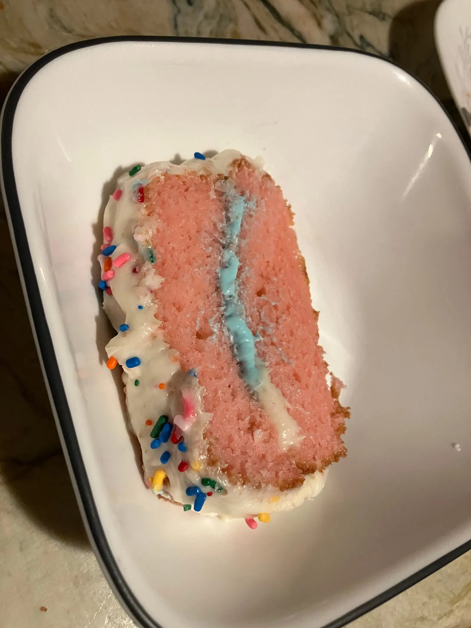 Cut slice of layer cake made for Mom’s birthday. I may have eaten... a lot of it.