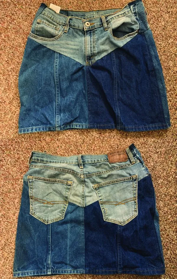 Upcycled denim skirt made from three old pairs of jeans
