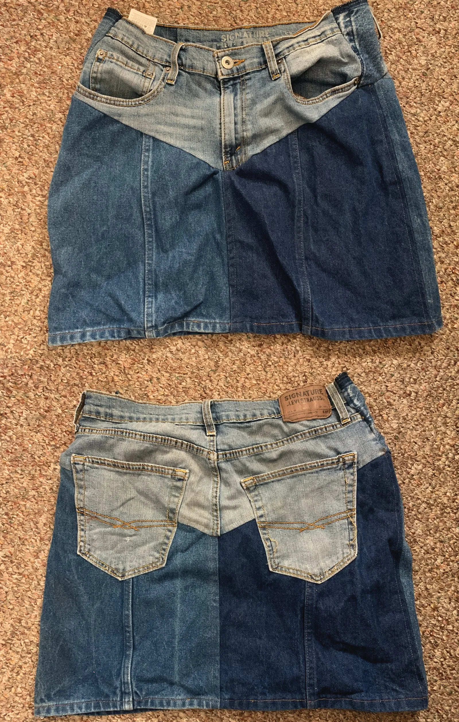 Upcycled denim skirt made from three old pairs of jeans