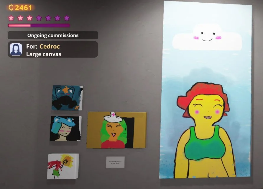 SuchArt - some of my commissions, placed in my virtual gallery (which is a virtual reality game Within the actual game, of course)