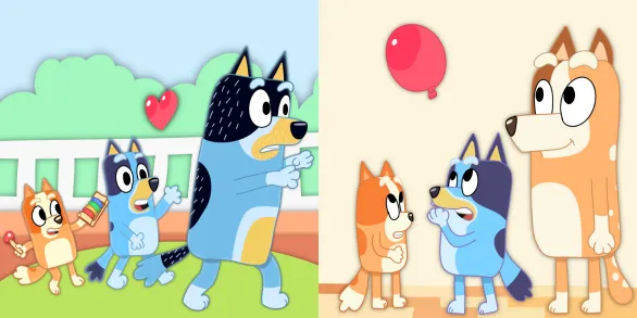Bluey drawings, art by me. Inspired by Magic Xylophone (left) and Keepy Uppy (right)