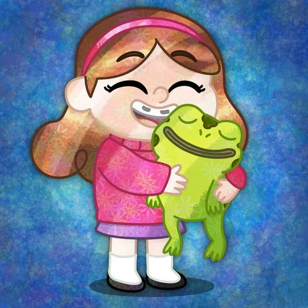 Mabel Pines hugging Gregory’s frog. Birthday gift art.