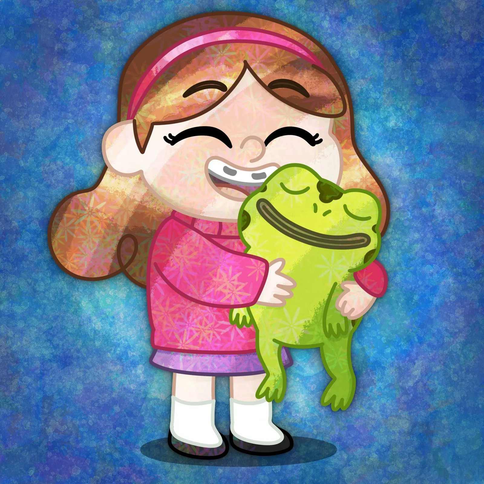 Mabel Pines hugging Gregory’s frog. Birthday gift art.