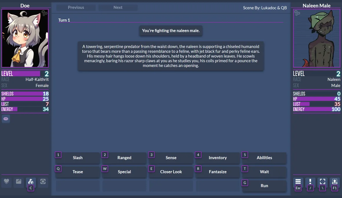 Combat in the browser-based game. The character art for the Naleen Male is Gatz. I uploaded a custom image for Doe, made with Stable Diffusion. Doe has changed since then (more on that later), but I have grown quite accustomed to the icon I generated at the beginning of my adventure, approximately Oct 2024.