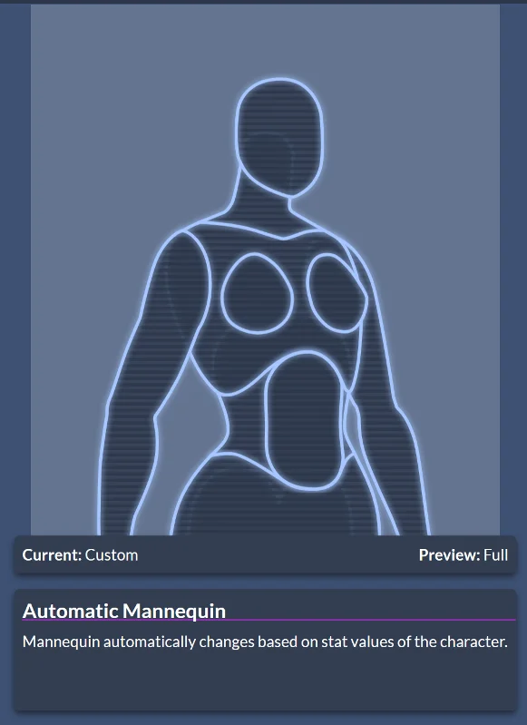 The game’s default reactive bust, which scales and adds / removes features as you play. There is also an appearance text you can read, and many elements of your appearance “show up” in the narration with reactive text.