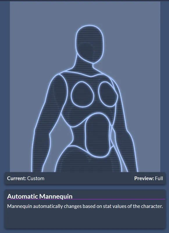 The game’s default reactive bust, which scales and adds / removes features as you play. There is also an appearance text you can read, and many elements of your appearance “show up” in the narration with reactive text.