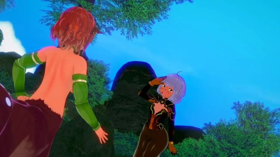 My 3D model of Amber, posed as appropriately as I could (her character design is quite explicit). She’s meeting Doe in the jungle of Mhen’ga. Rendered in CharaStudio using user-created mods and a community scene.