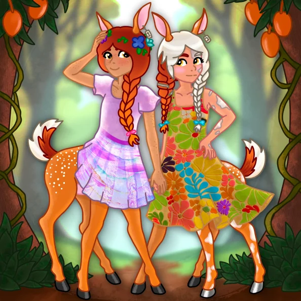A drawing of what I would imagine Athena and Beema would grow up to be. Technically, they would just be human and 1/4th kaithrit, but it’s fun to play with the story.