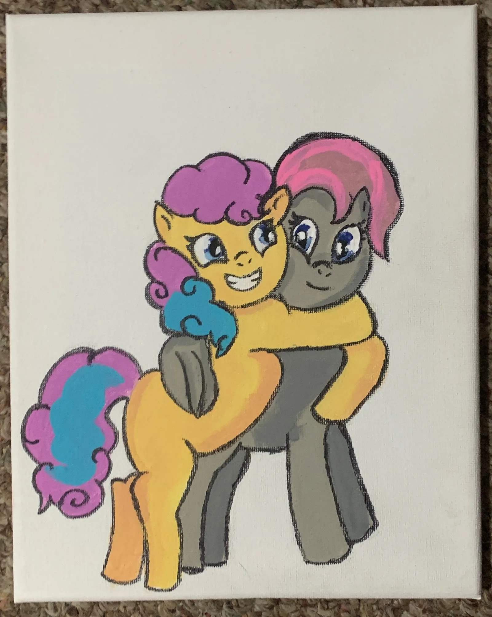 My pony OCs, Chim and Stella, hugging in a painting by my friend