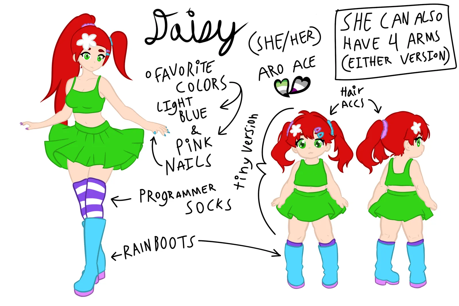 Daisy’s character reference sheet, showing her signature pink-and-blue accessories.