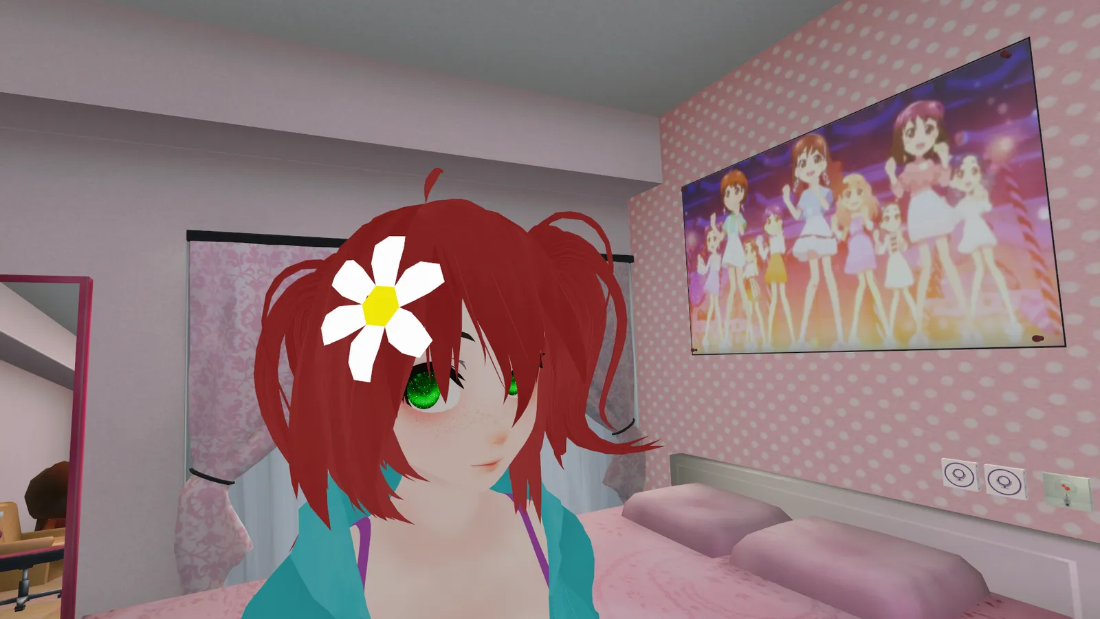 A screenshot of me as Daisy in VRChat, a game that supports immersion through a virtual reality headset.