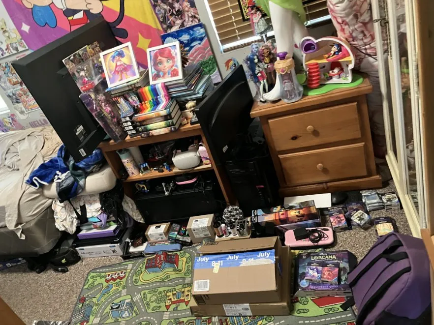 The Pile begins again… A recent deep clean sets the stage for a new slow art to take place, the narrowing path of my room. It starts out visually organized, I even have particular Lorcana sleeves on top of which starter packs I want each to protect.