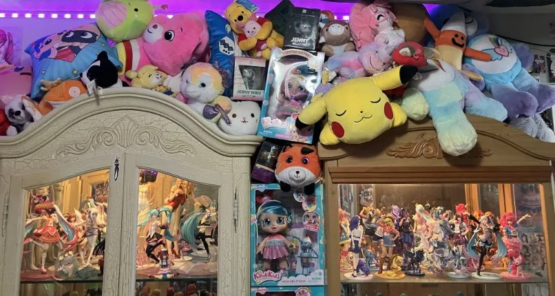The lovely plushie collection. If they do fall, I will chuckle and rescue them, putting them back up with their friends.