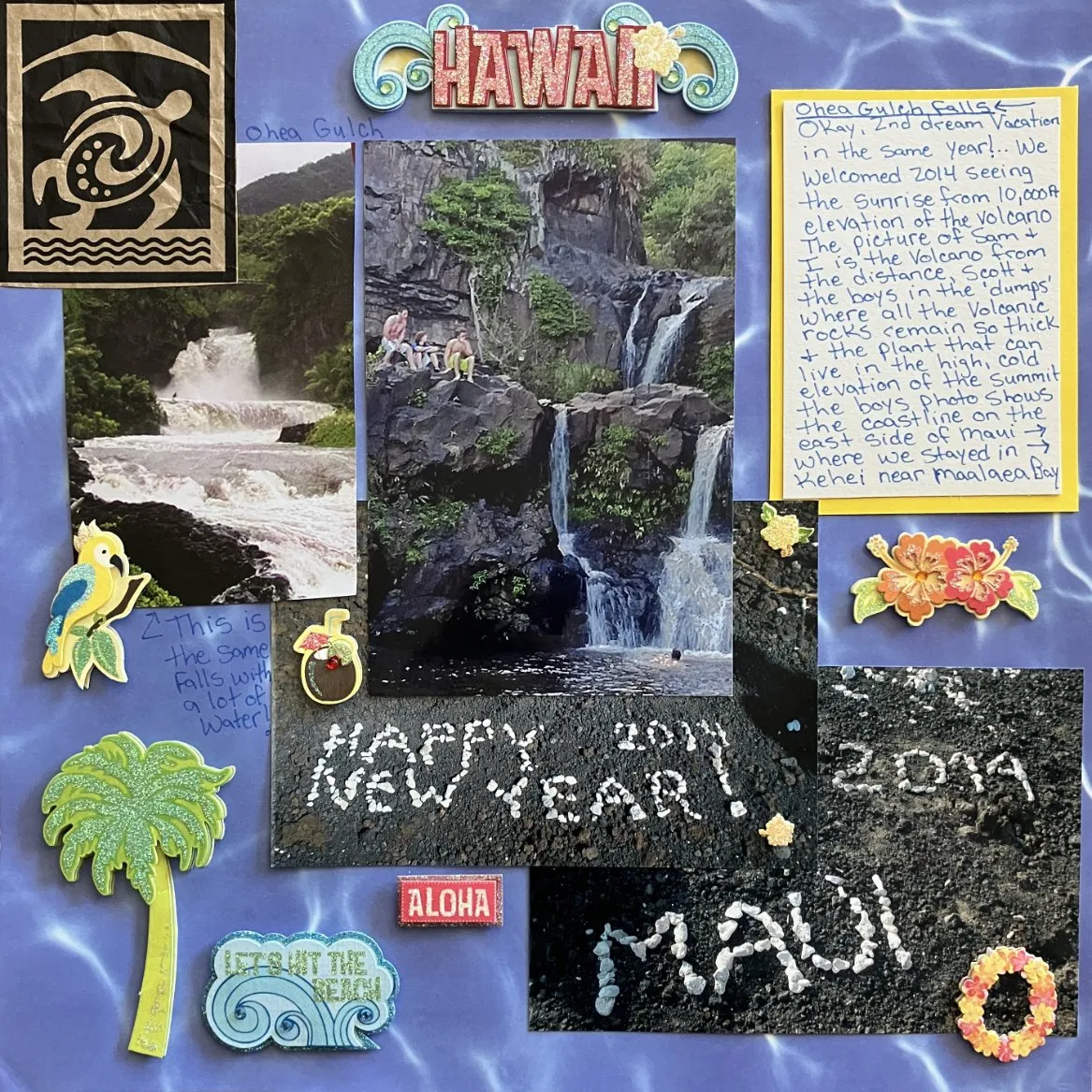 My mother’s scrapbooking of the vacation, featuring a waterfall stop during the Road to Hana. Me and my two older brothers sit on a rock.