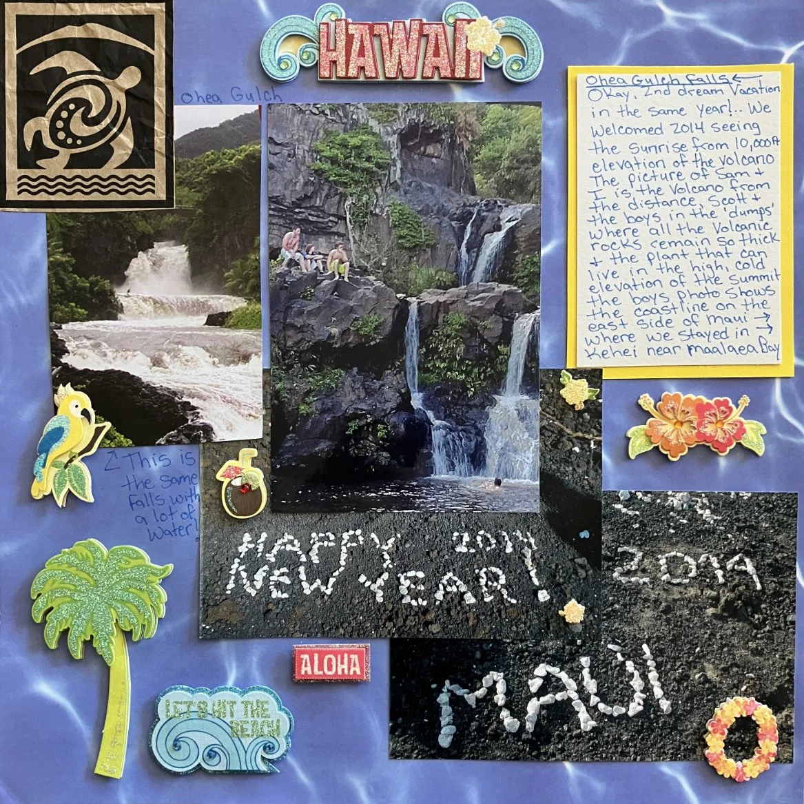 My mother’s scrapbooking of the vacation, featuring a waterfall stop during the Road to Hana. Me and my two older brothers sit on a rock.