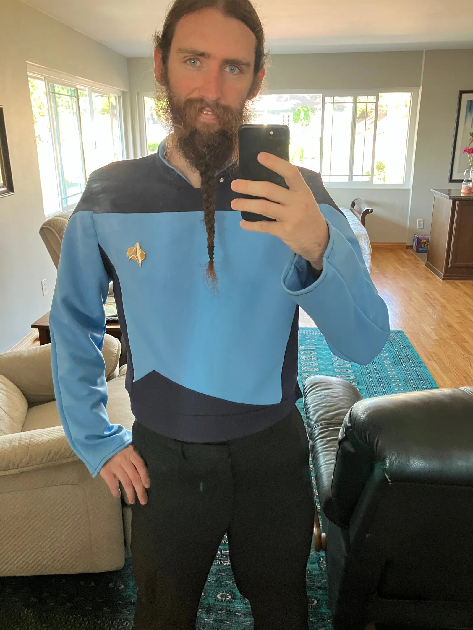 Reporting for duty: my handmade Star Trek science officer uniform.