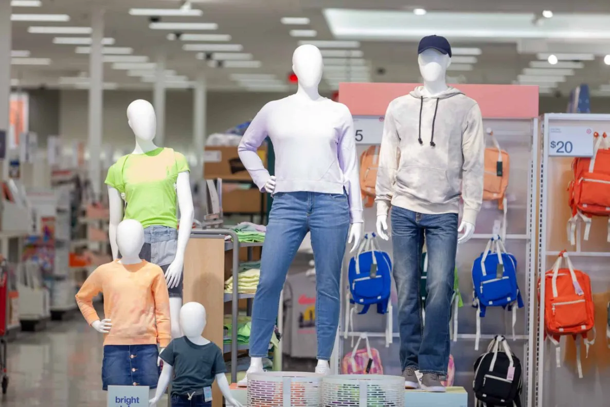 Retail mannequins on display at target, showcasing a range of casual wear.