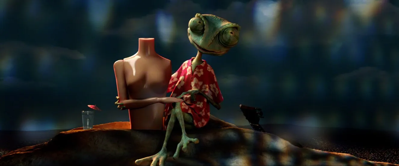 Rango in his reptile terrarium with his mannequin companion.