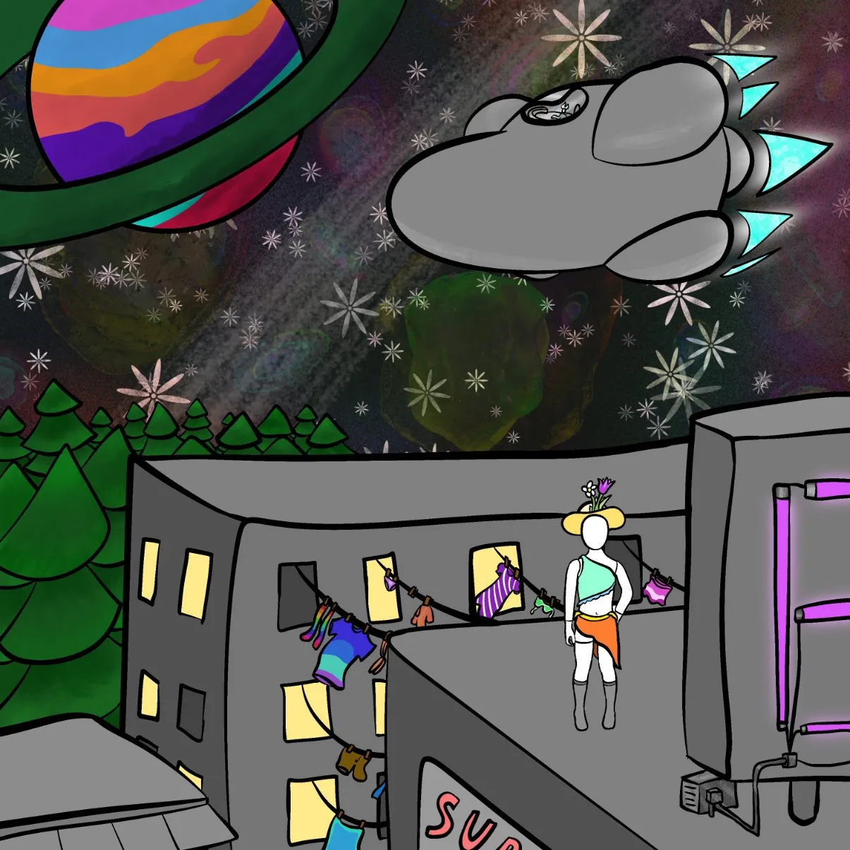 Annequin the Mannequin on the roof of a developed city, with the Corsair orbiting in the background.