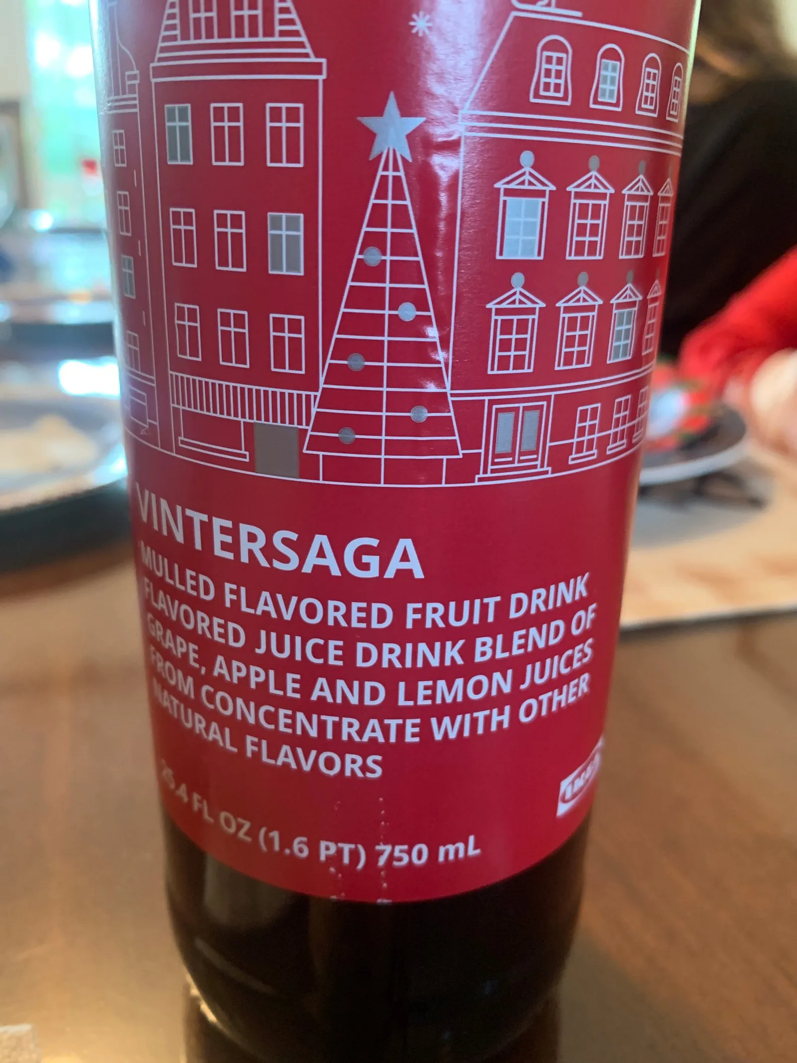 Vintersaga, a mulled flavored fruit drink flavored juice drink blend of grape, apple and lemon juices from concentrate with other natural flavors